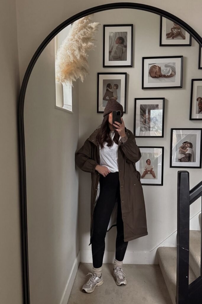 A Brown Longline Parka Over a White Tee and Black Leggings