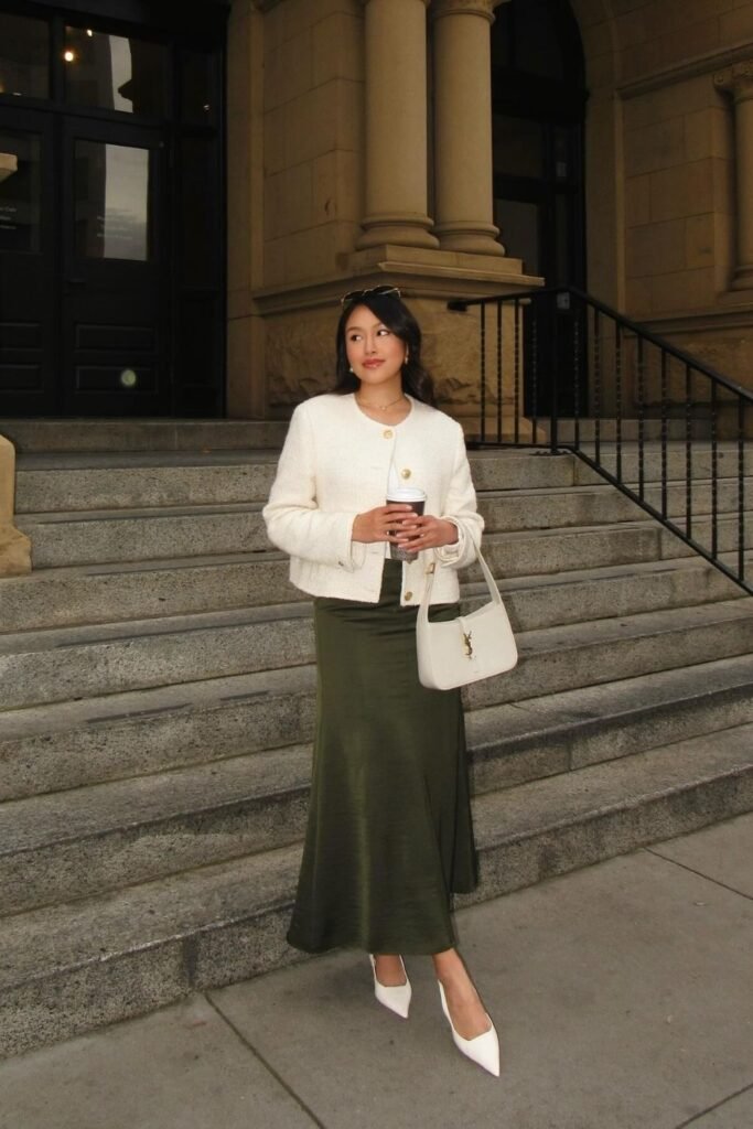An Olive Satin Maxi With a Cream Boucle Jacket