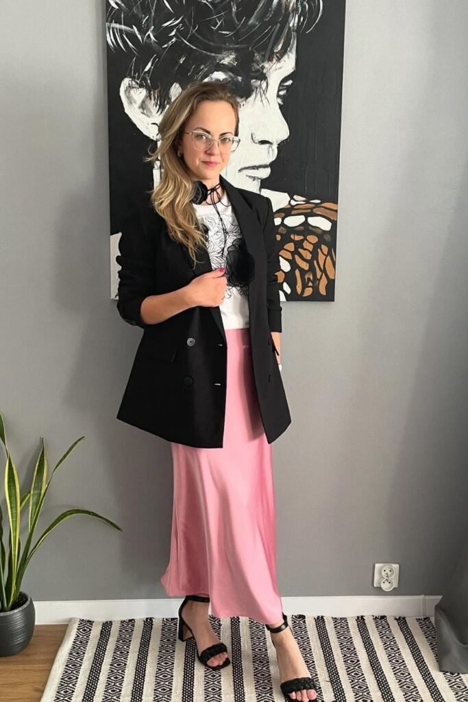 A Bubblegum Pink Satin Maxi With a Black Double Breasted Blazer