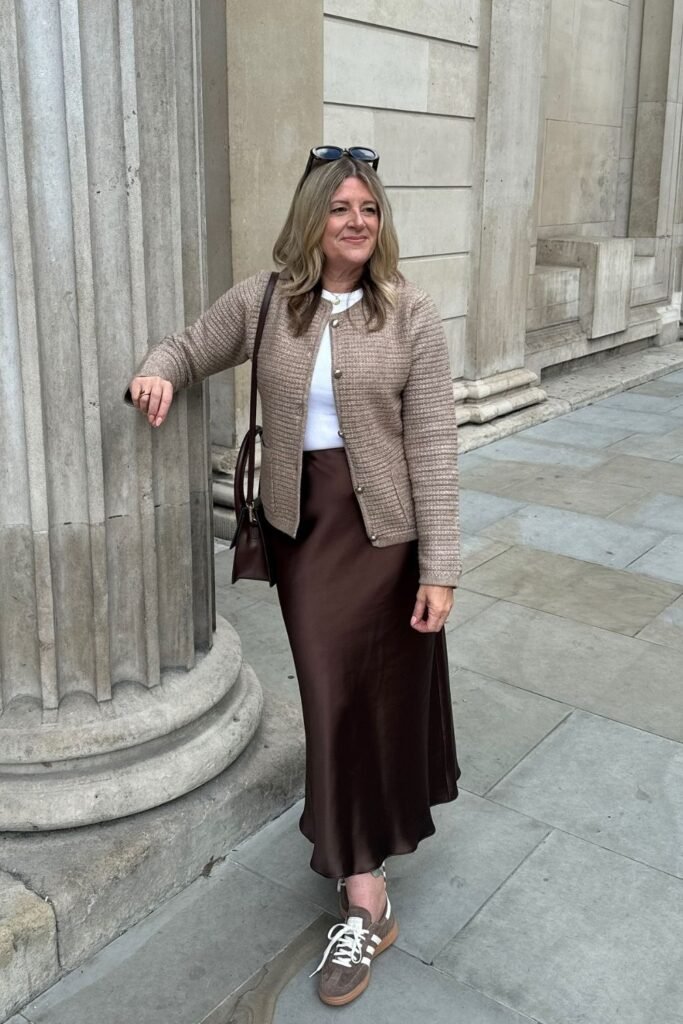 A Chocolate Satin Midi With a Textured Cardigan and Sambas