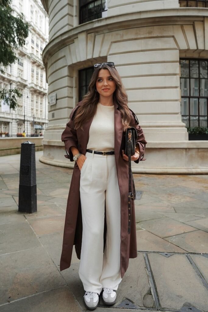 A Chocolate Trench Over Cream Wide Leg Trousers