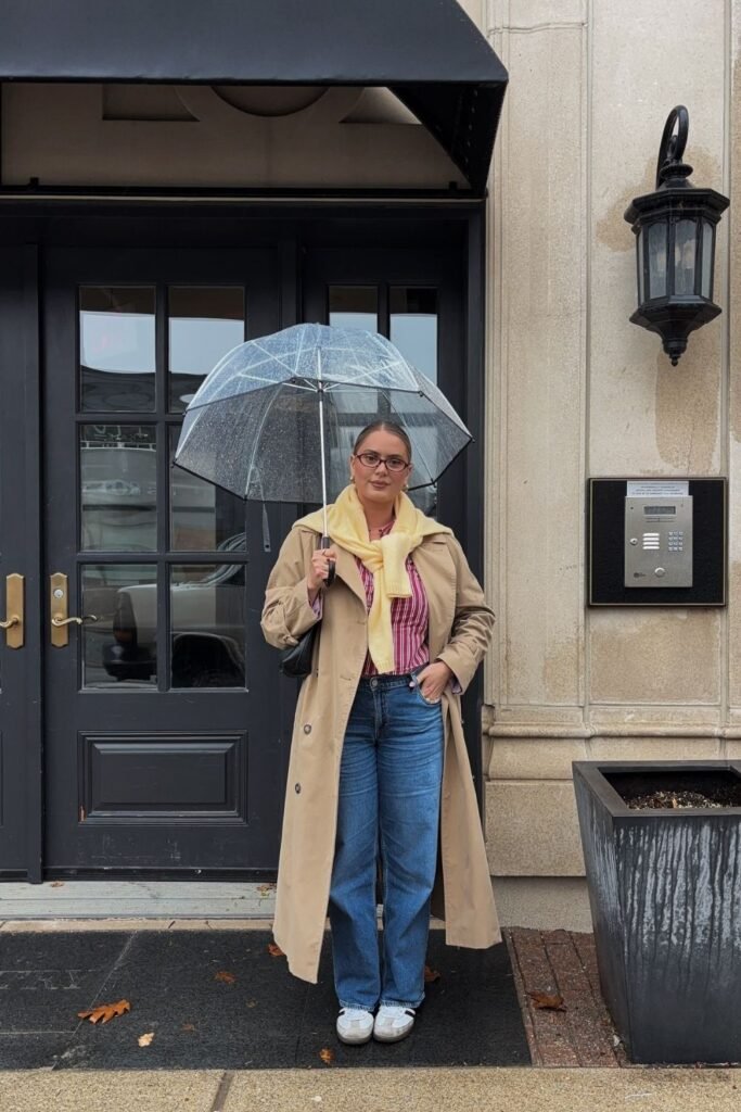 A Classic Camel Trench With Wide Leg Jeans and a Yellow Scarf