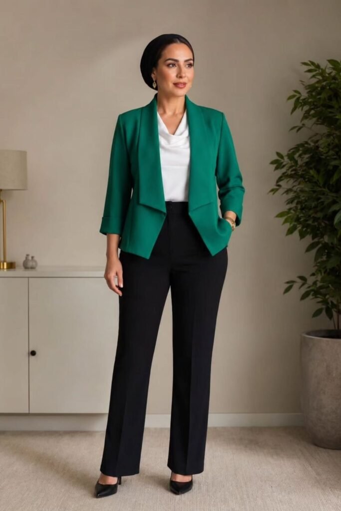 A Collarless Green Jacket With a Draped White Top