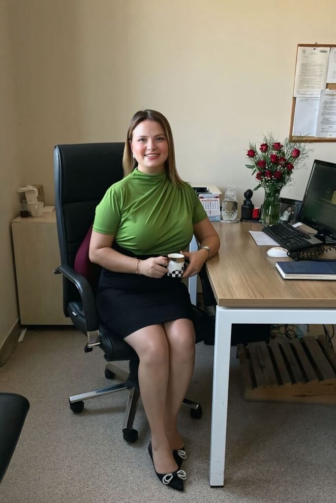 A Draped Green Top With a Black Pencil Skirt