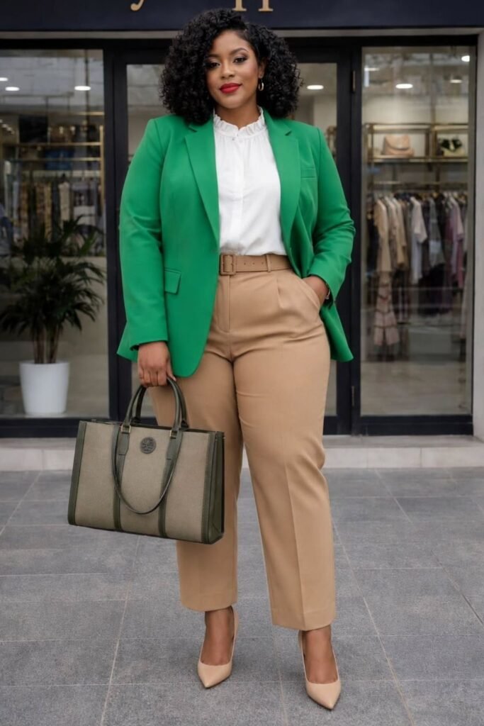A Green Blazer With Camel Trousers and a White Blouse