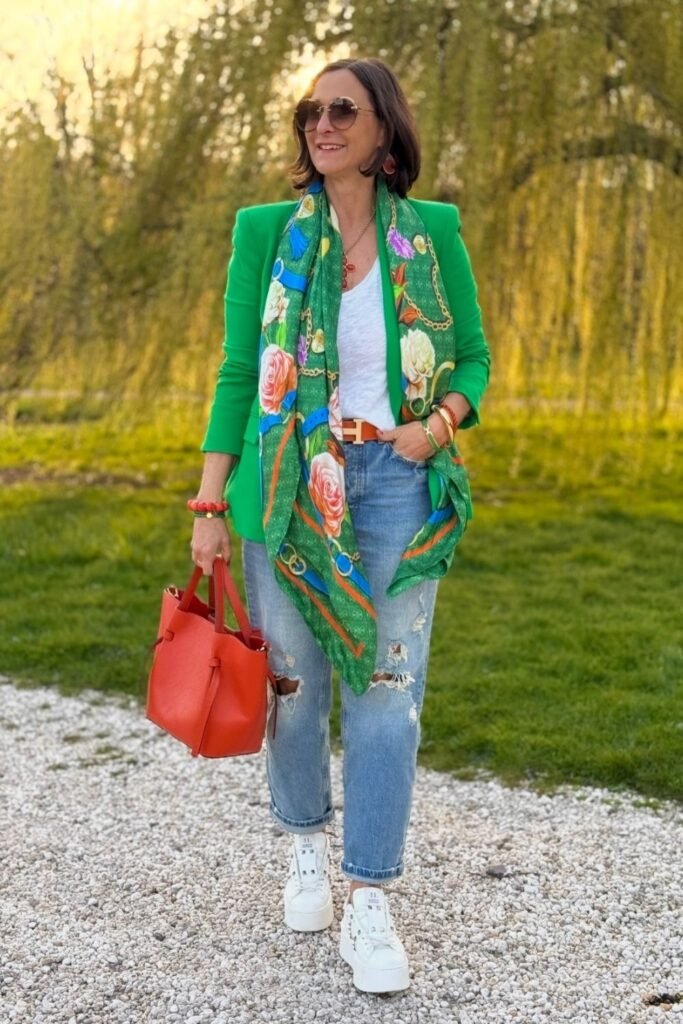 A Green Blazer With a Printed Silk Scarf and Cuffed Denim