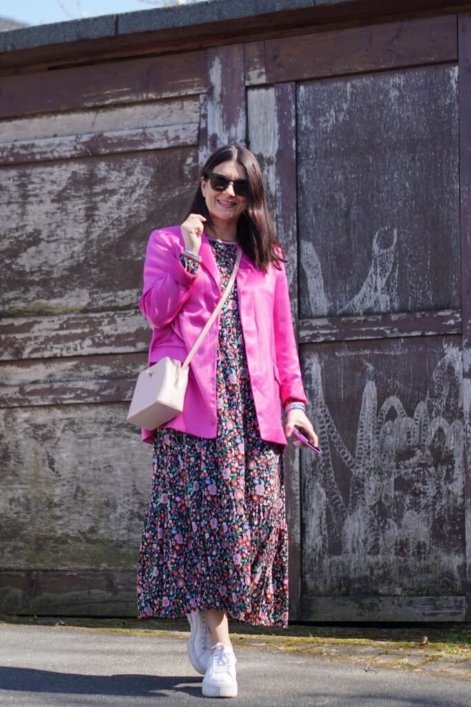 A Hot Pink Blazer Over a Floral Midi With Platform Sneakers