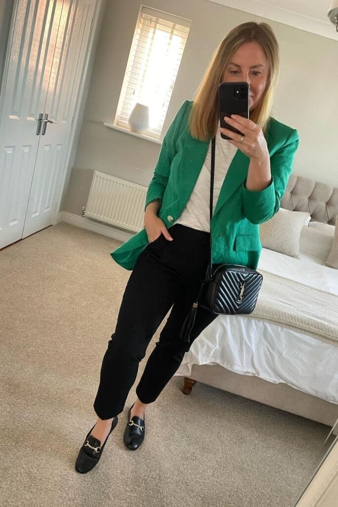 A Kelly Green Linen Blazer Over Black and White