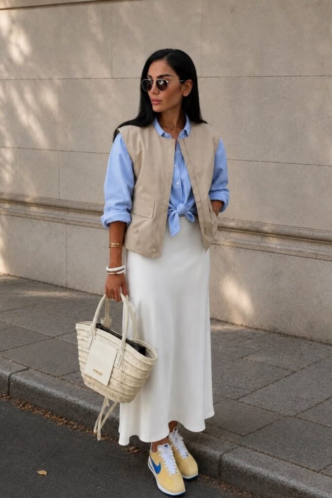 A Knotted Blue Shirt and Satin Slip Skirt With Retro Runners