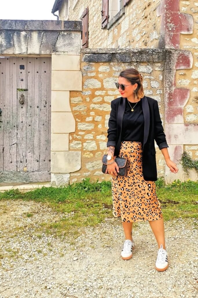 A Leopard Print Satin Skirt Under a Black Blazer