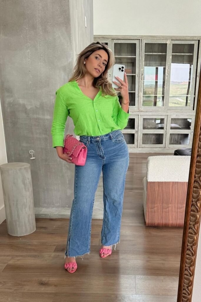 A Lime Linen Shirt With Straight Jeans and Pink Accessories