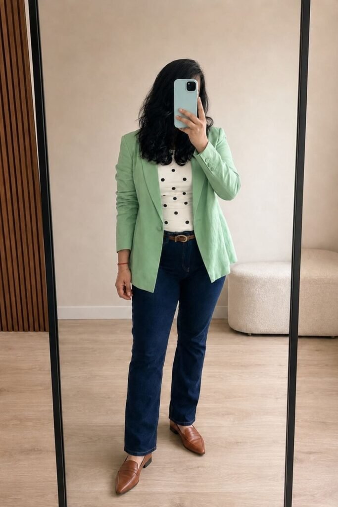 A Mint Blazer With a Polka Dot Top and Dark Denim
