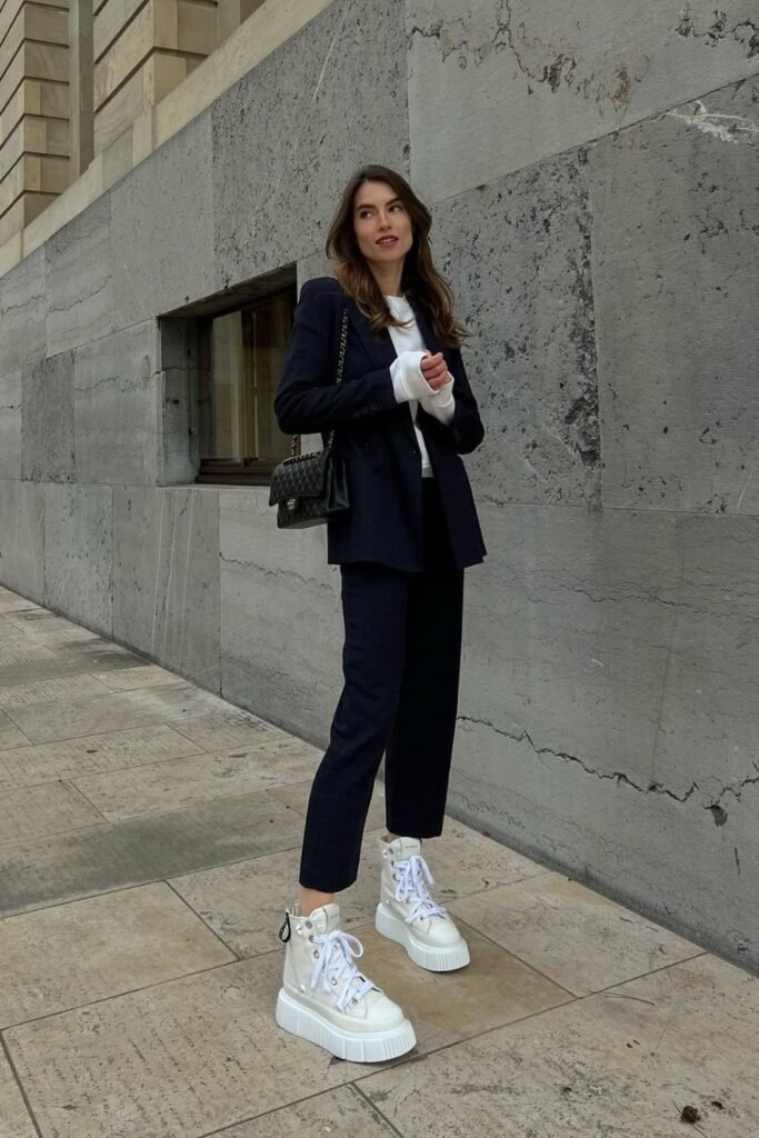 A Navy Checked Suit Grounded by Chunky Platform Sneakers
