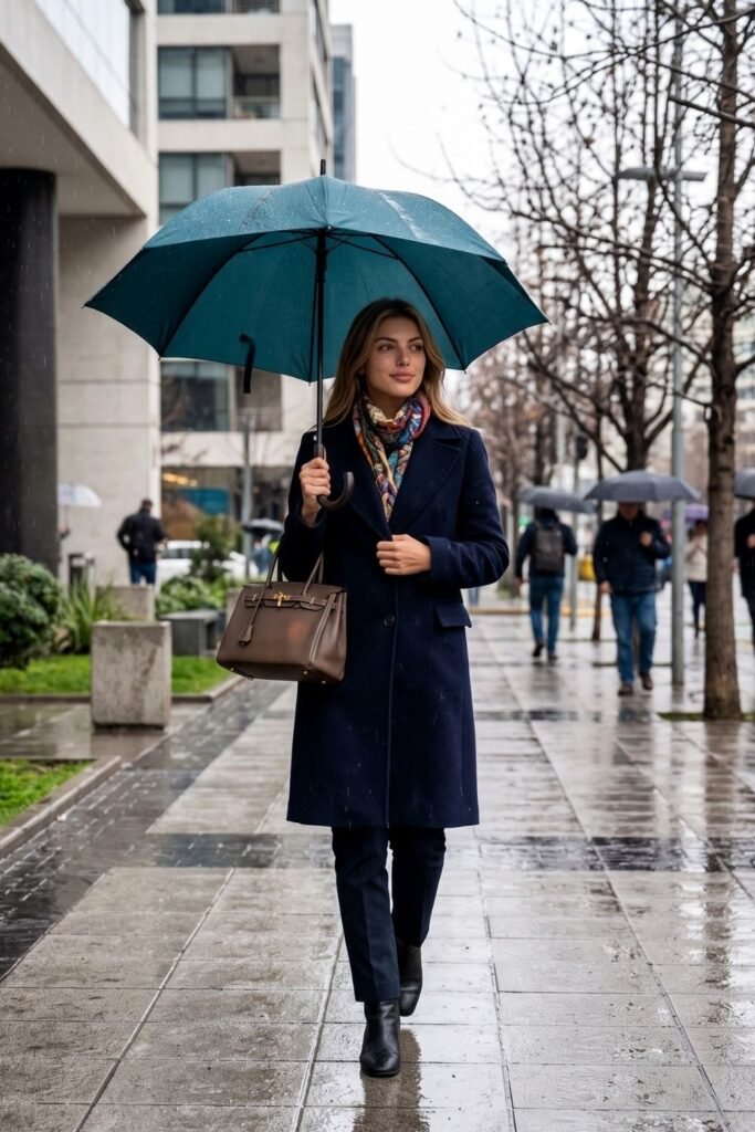 A Navy Wool Coat With a Printed Silk Scarf