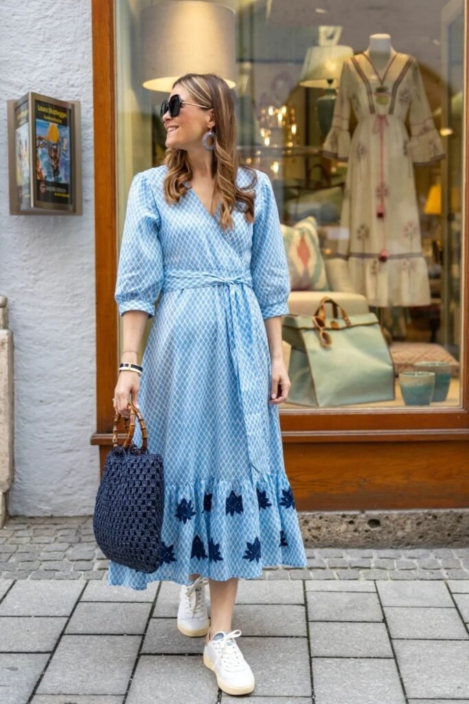 A Printed Midi Wrap Dress With Clean White Sneakers