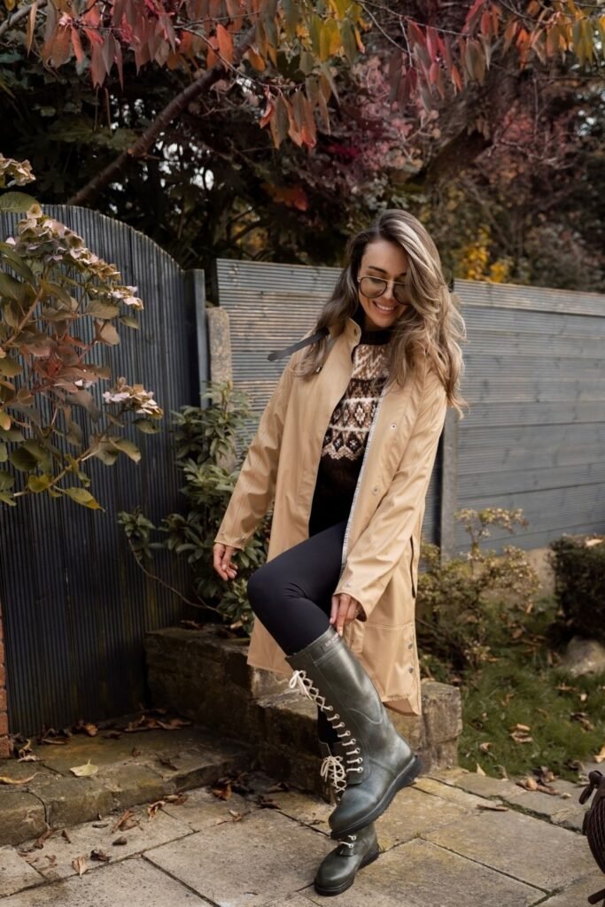 A Sand Rain Jacket With a Fair Isle Knit and Tall Boots