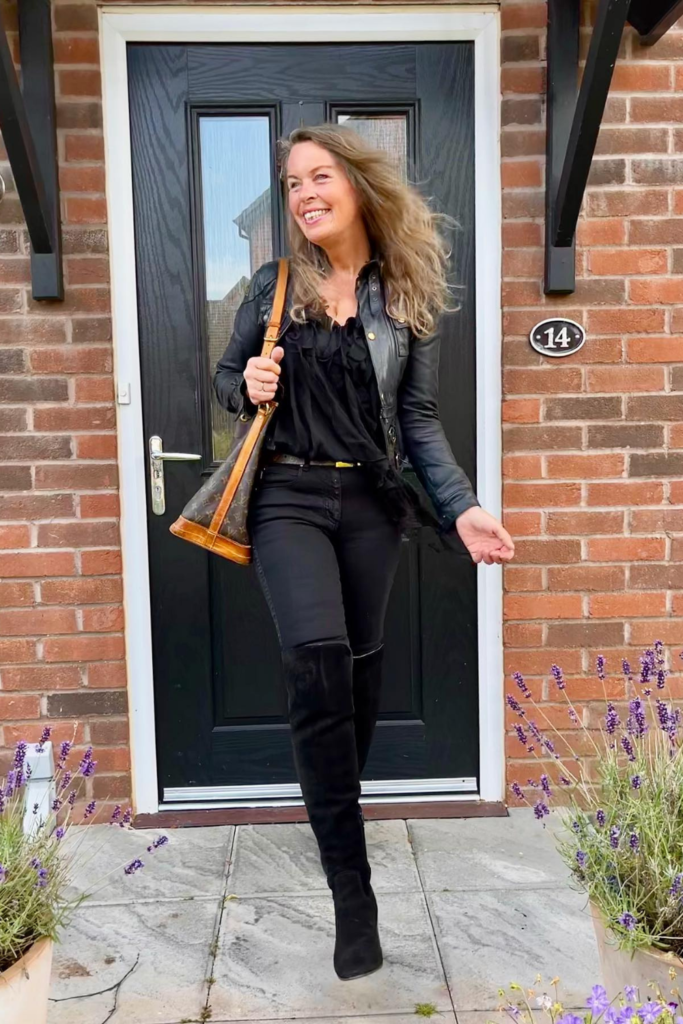 All Black With Suede Knee Boots and a Leather Jacket