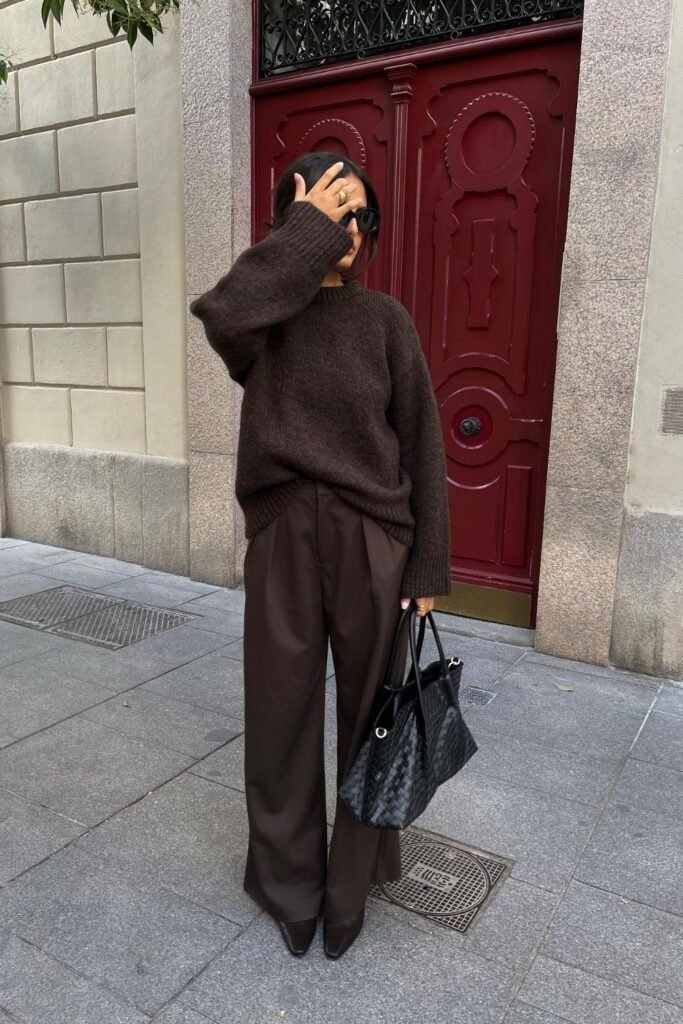All Brown, Chunky Knit Over Pleated Trousers