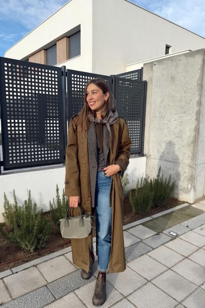 An Olive Trench Over a Scarf, Knit and Straight Jeans