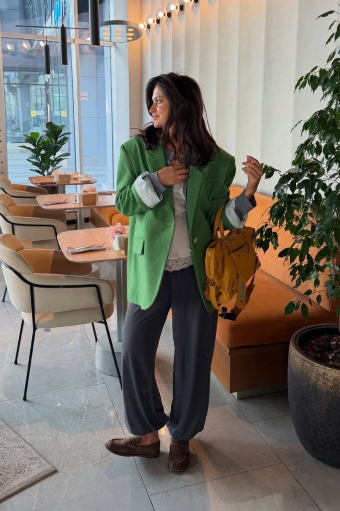 An Oversized Green Wool Blazer With Charcoal Trousers