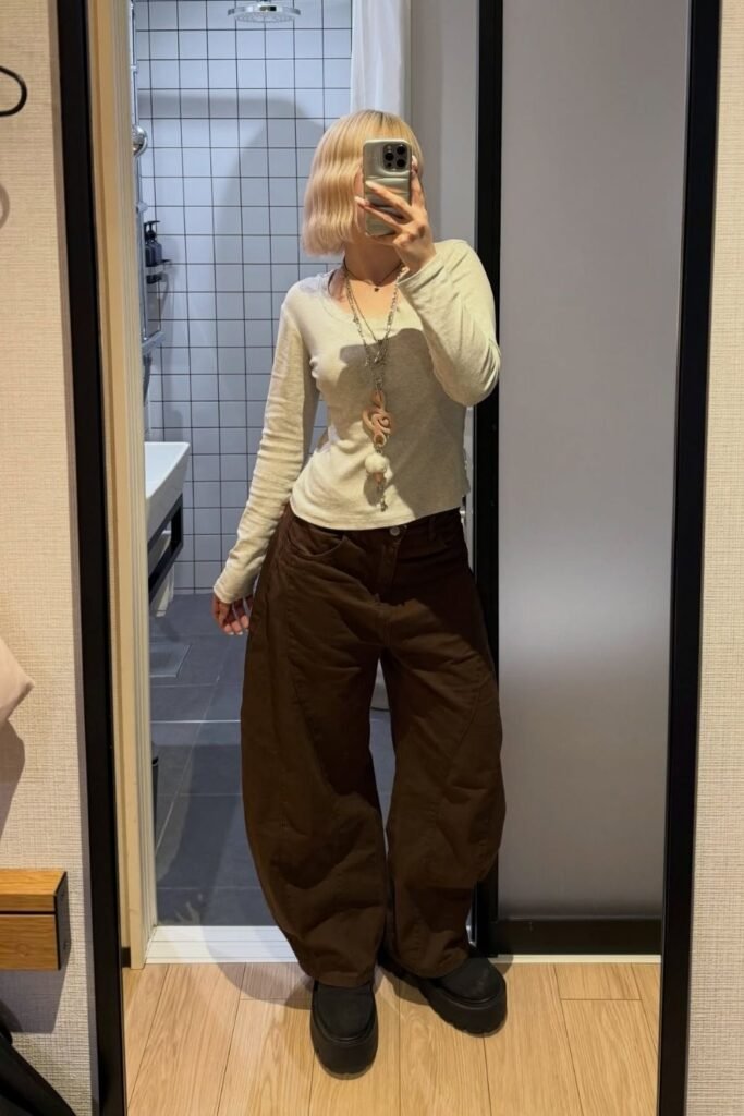 Barrel Leg Brown Trousers With a Slim Oatmeal Top