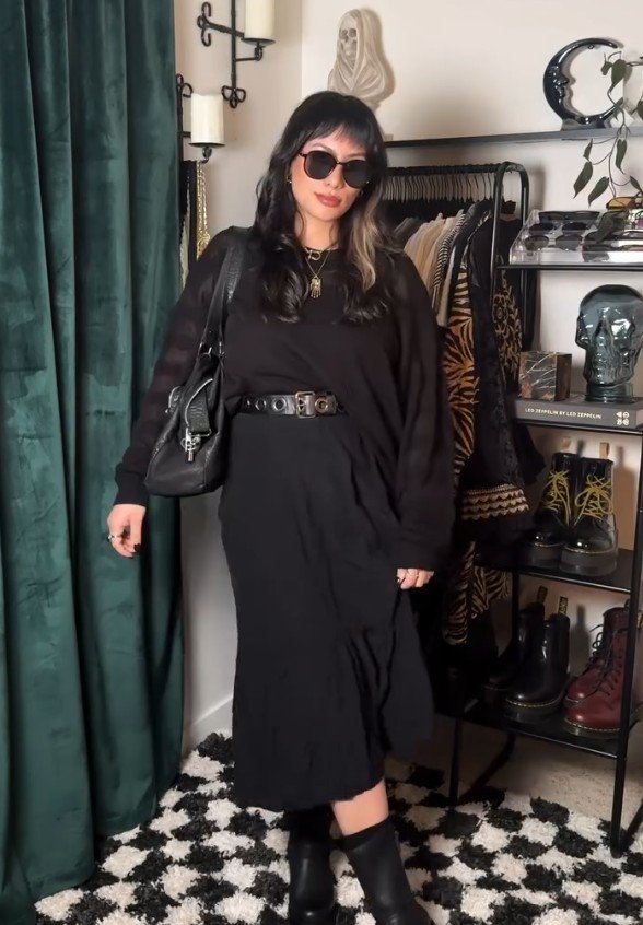 Belted Black Midi Dress With Chunky Ankle Boots