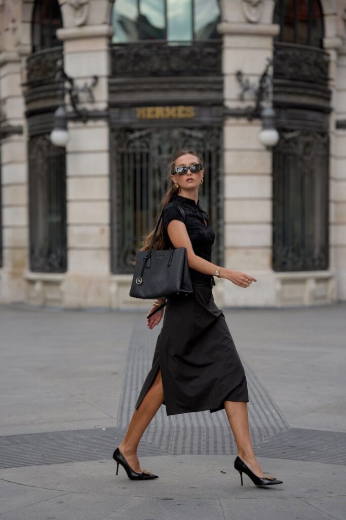 Black Mandarin-Collar Top and Slit Midi Skirt
