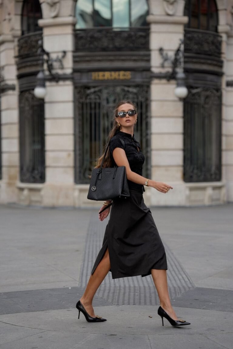 Black Mandarin-Collar Top and Slit Midi Skirt