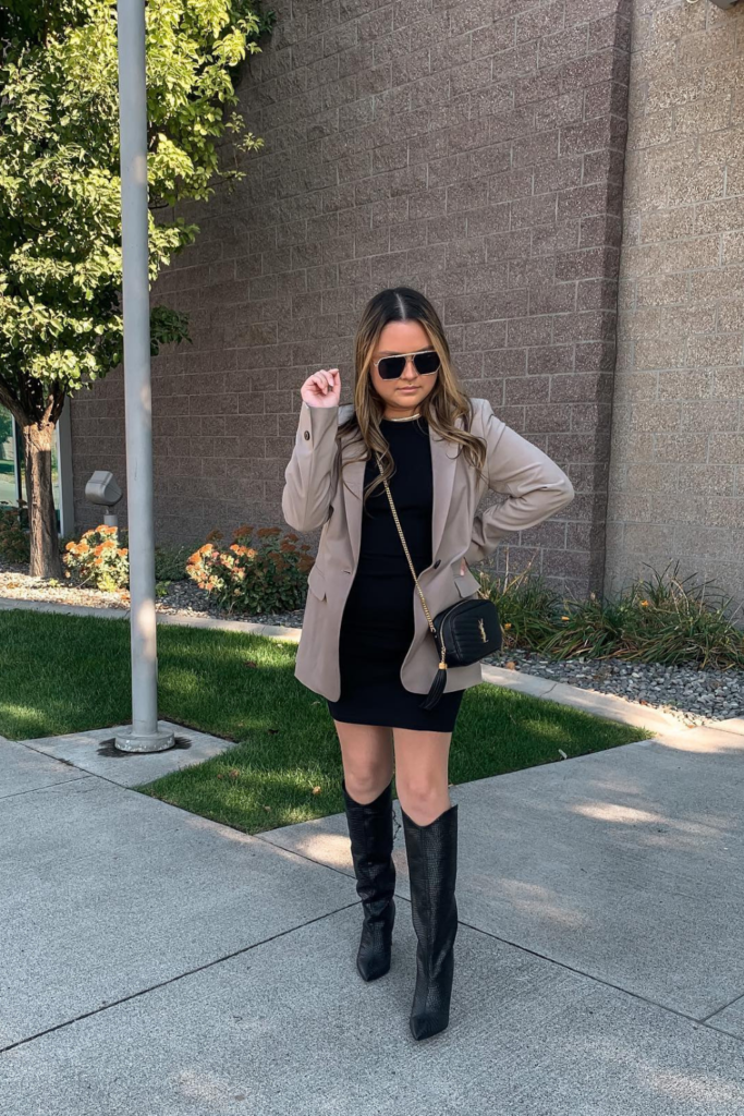 Black Mini Dress, Taupe Blazer, Black Croc Boots