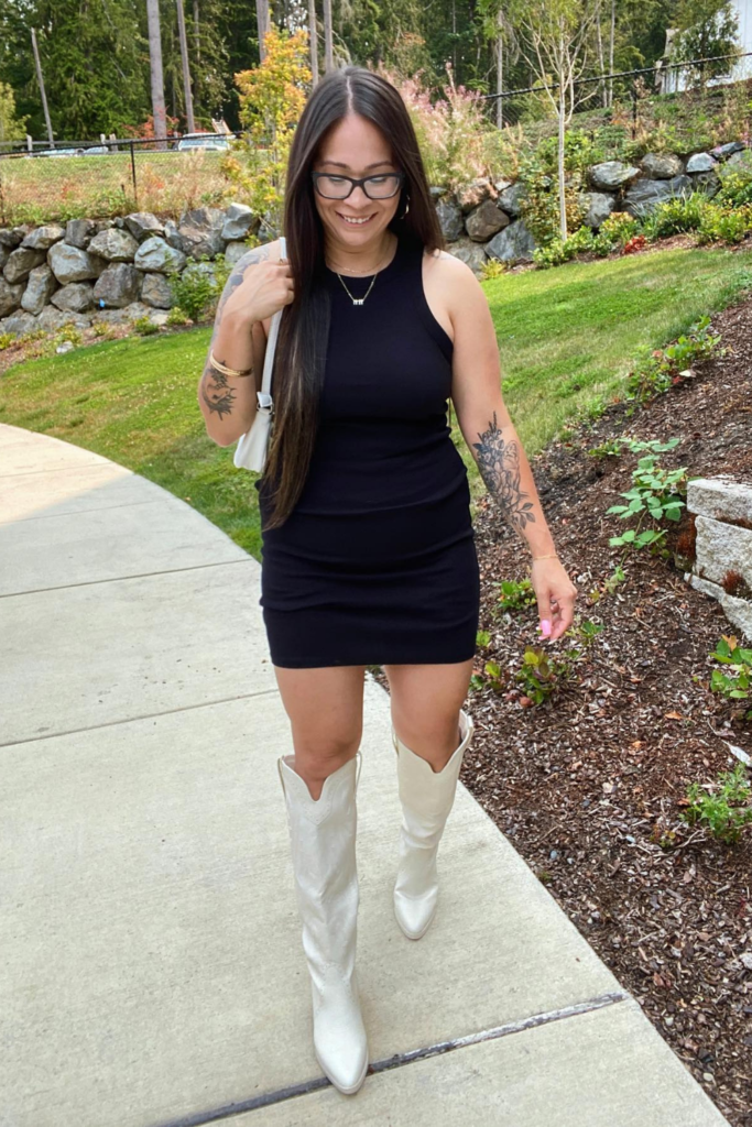 Black Mini Dress With Cream Boots