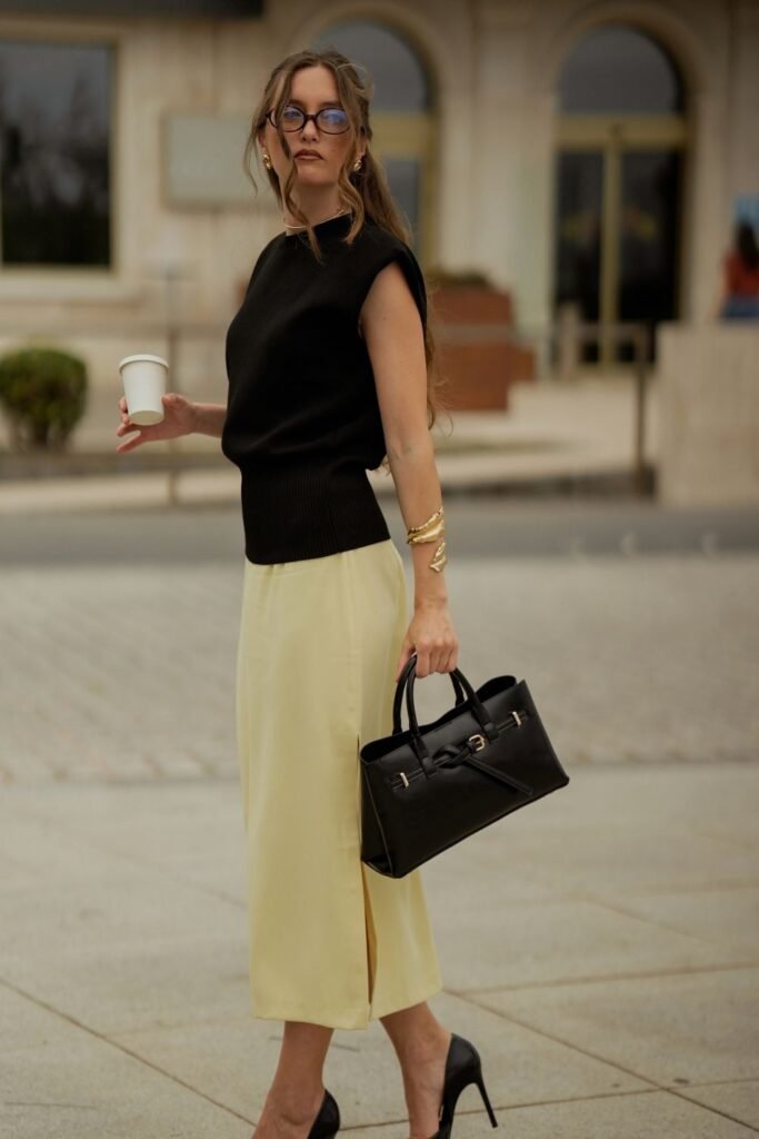 Black Padded-Shoulder Knit and Butter Yellow Midi