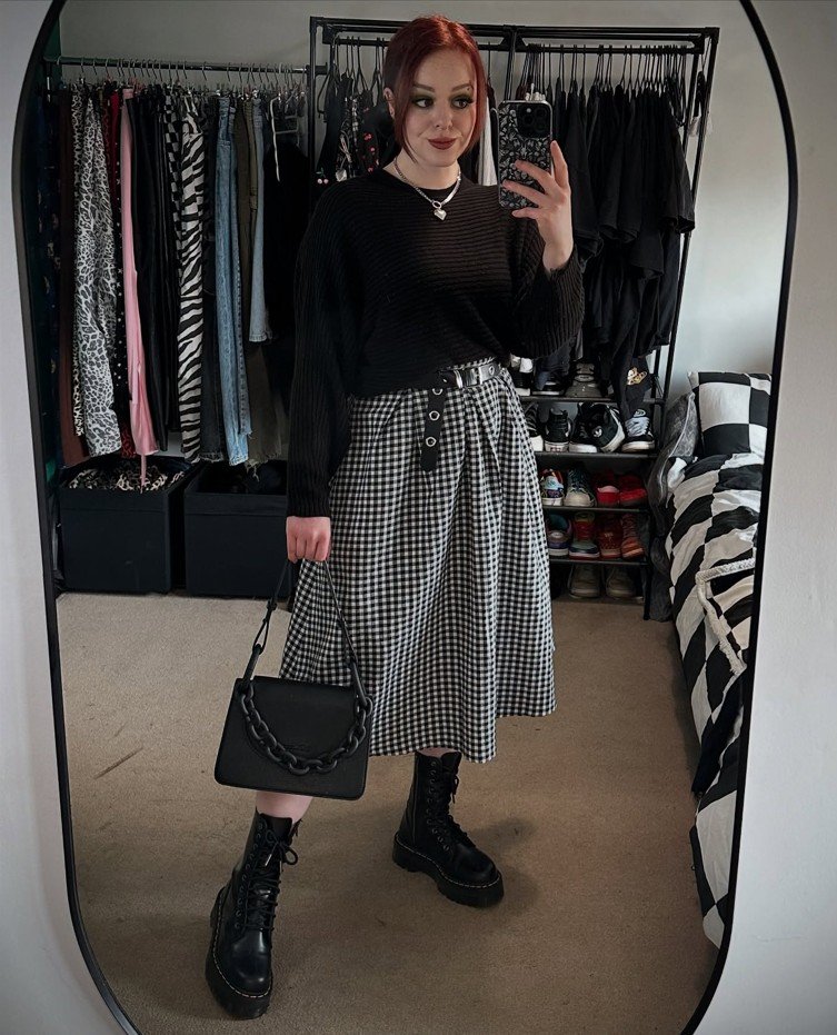 Black Ribbed Knit With a Gingham Midi Skirt