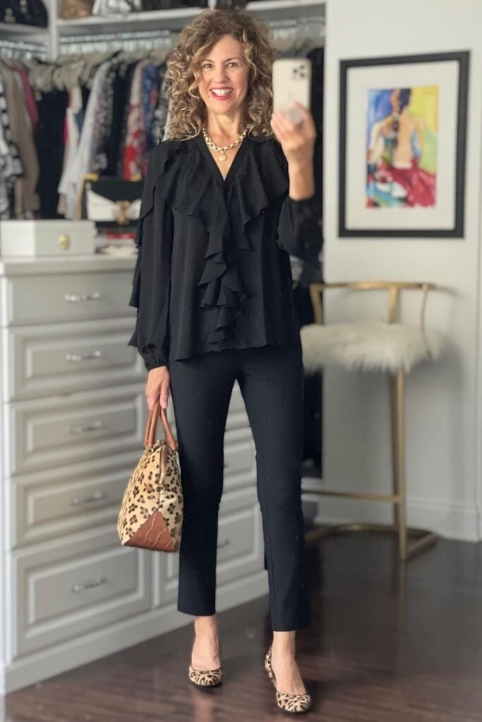 Black Ruffled Blouse With Slim Black Trousers
