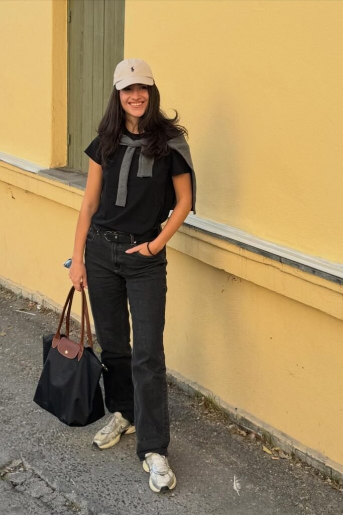Black Tee, Black Jeans, Grey Knit at the Neck