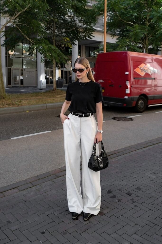 Black Tee Tucked Into Cream Wide-Leg Trousers