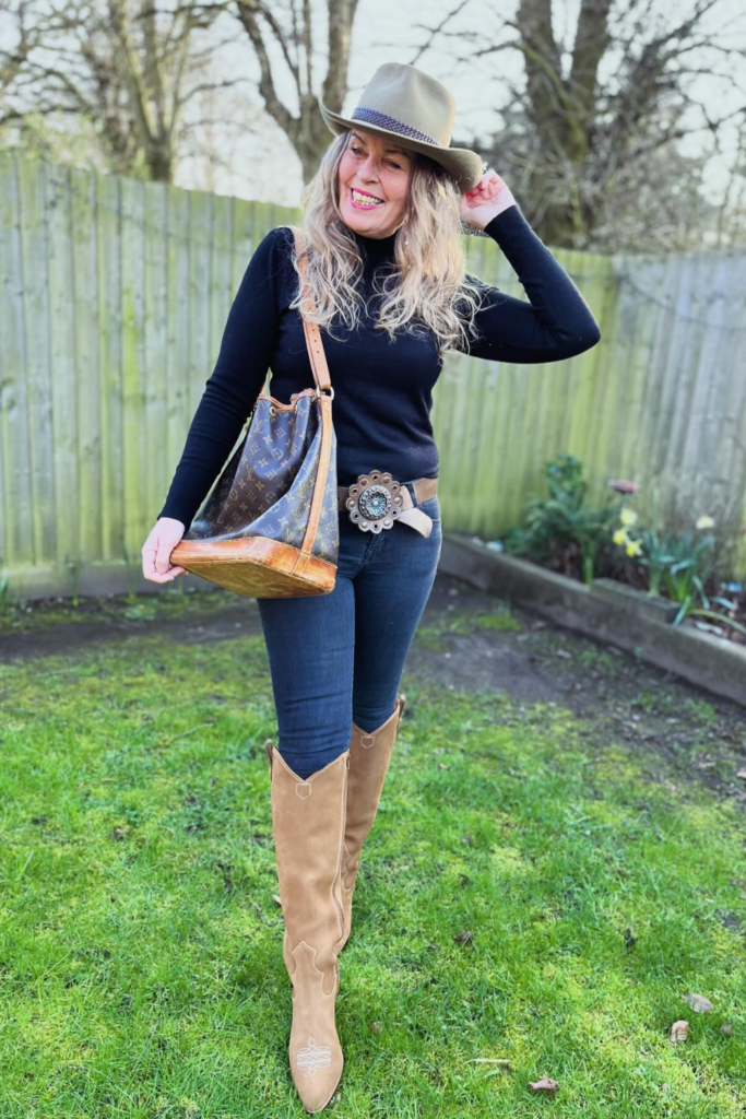 Black Turtleneck With Tan Suede Slouch Boots