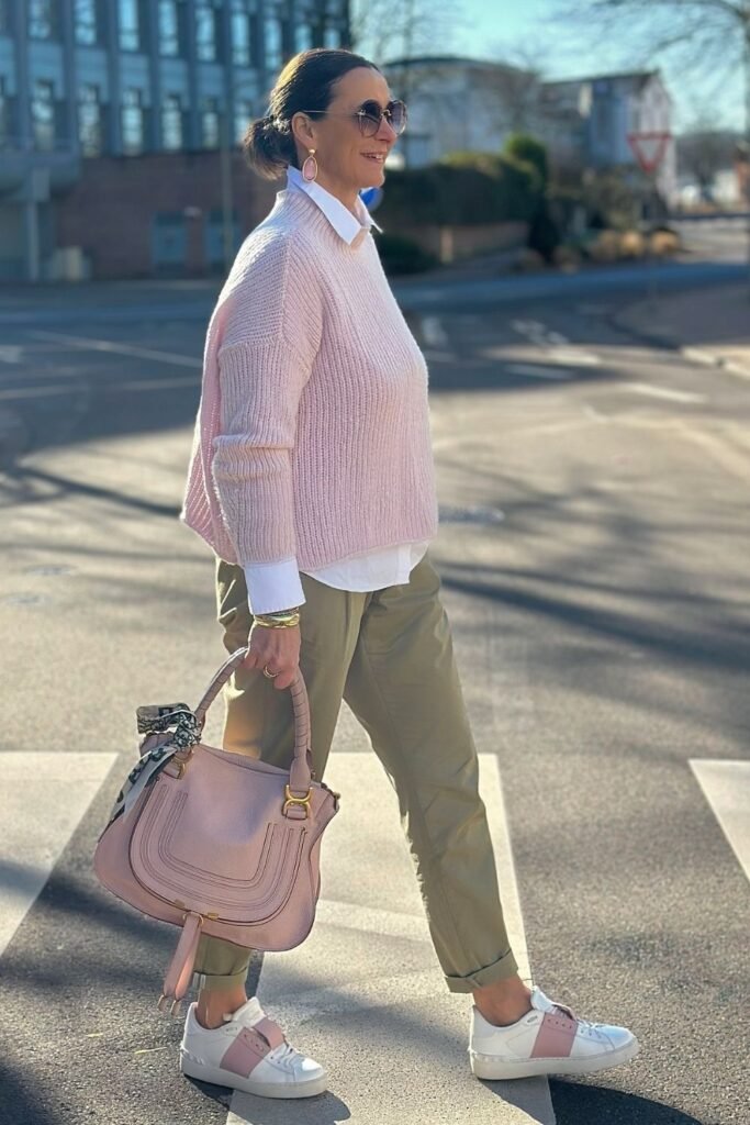 Blush Knit Over a White Shirt With Olive Chinos