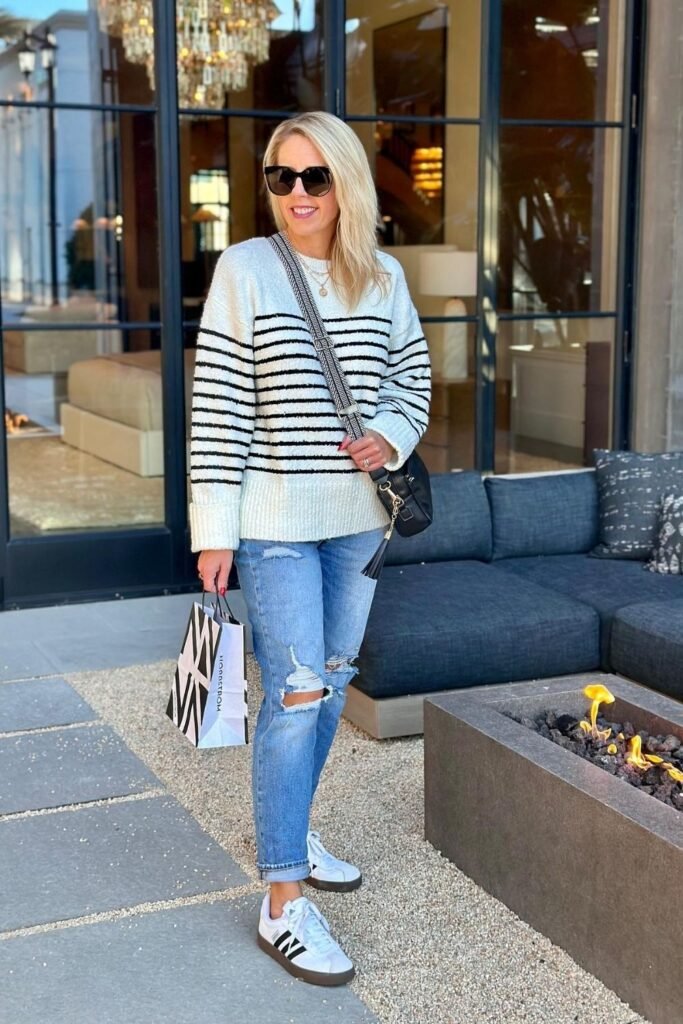 Breton Stripes With Cuffed Denim and Gum Sole Sneakers