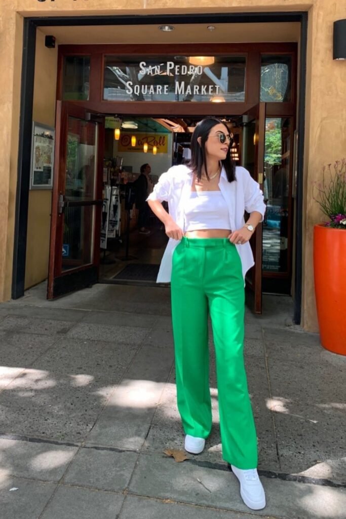 Bright Green Wide Leg Trousers With a White Shirt and Crop Top