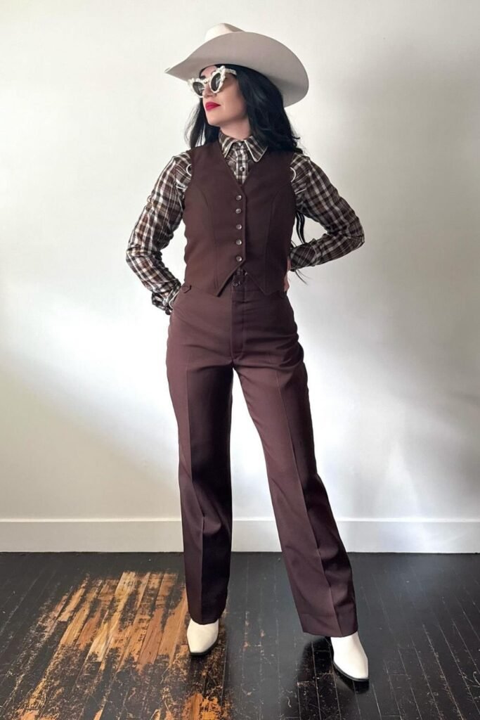 Brown Suit Trousers With a Matching Waistcoat and Plaid Shirt
