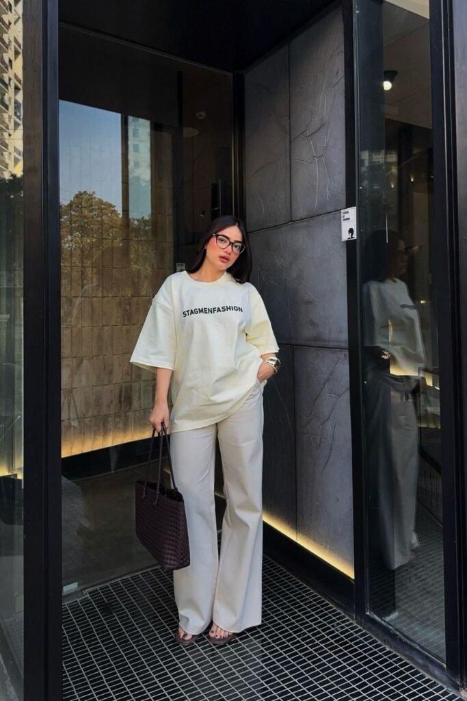 Butter Yellow Tee With Cream Wide-Leg Trousers