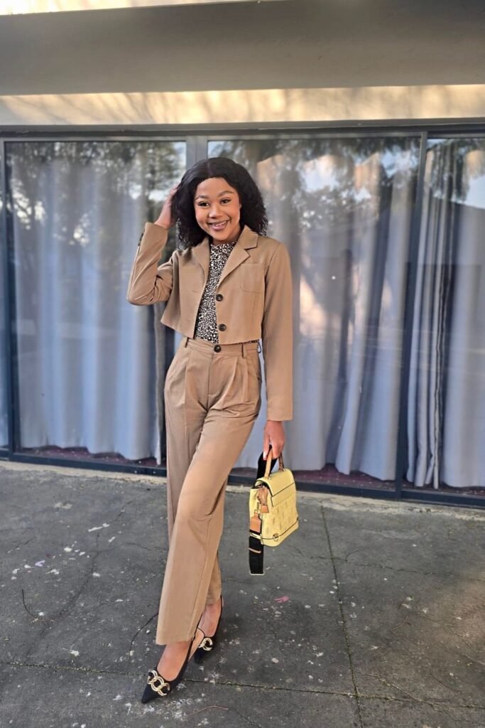 Camel Cropped Blazer Suit With a Leopard Blouse
