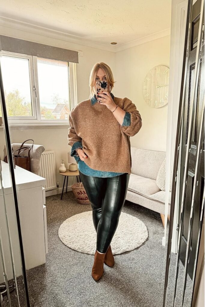 Camel Sweater With Faux-Leather Leggings and Ankle Boots