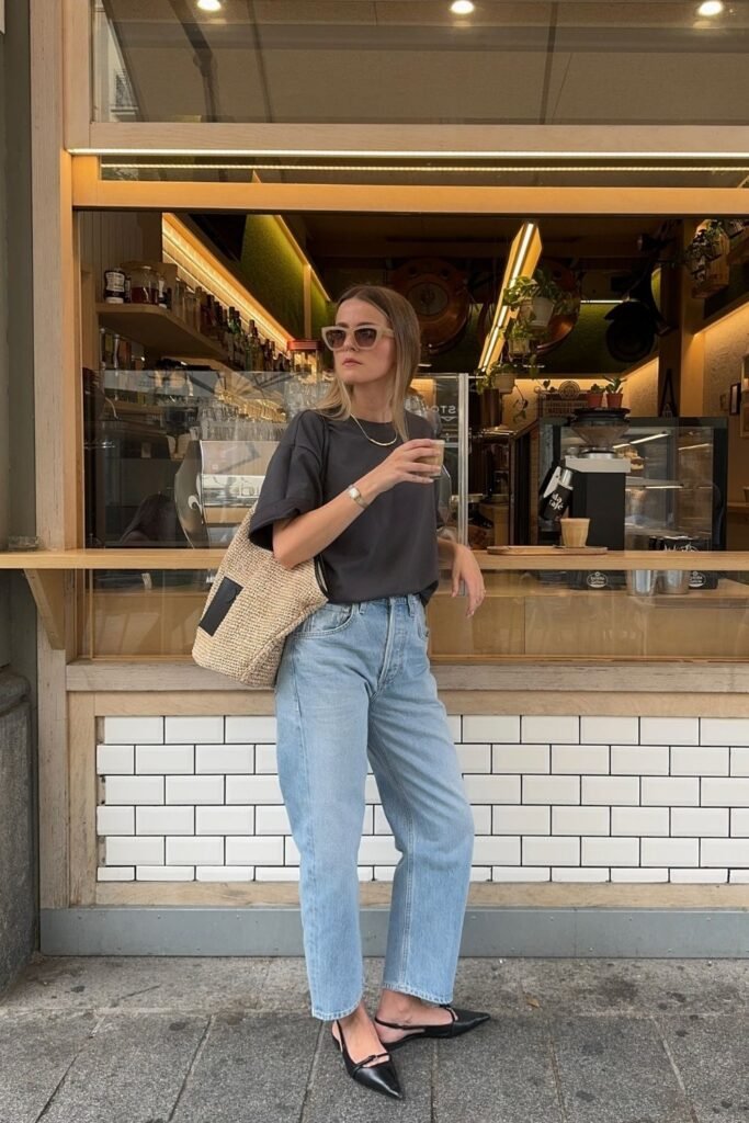 Charcoal Tee With Light Denim and Pointed Slingbacks