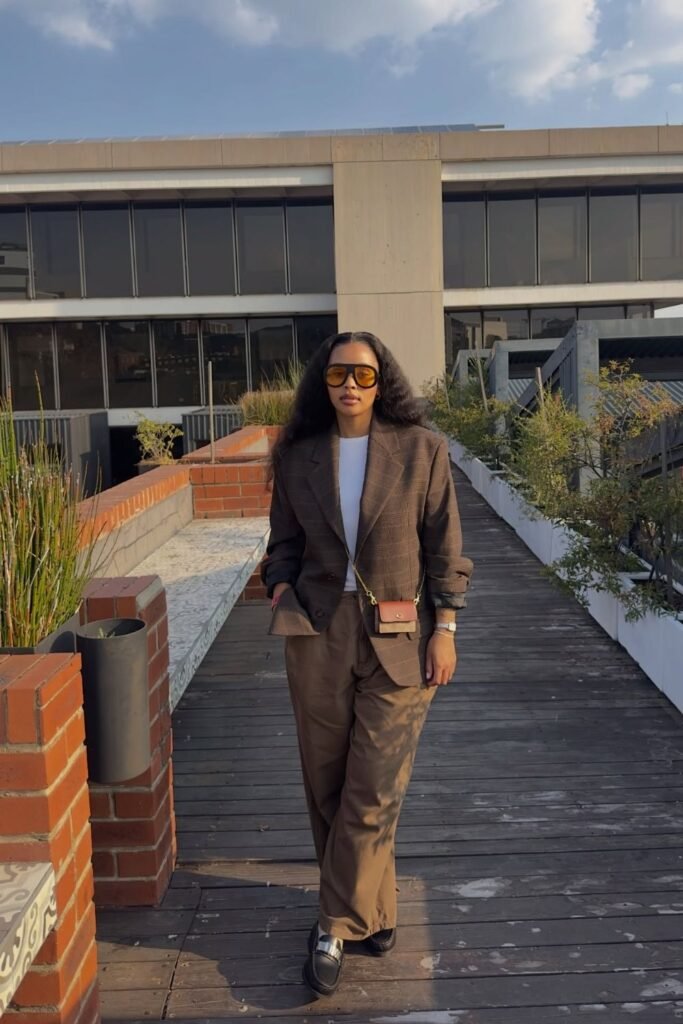Checked Brown Blazer With Matching Wide Leg Trousers