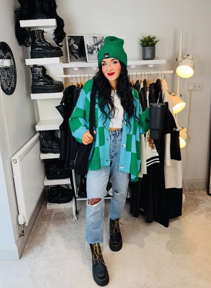 Checkerboard Cardigan With Ripped Denim and Combat Boots