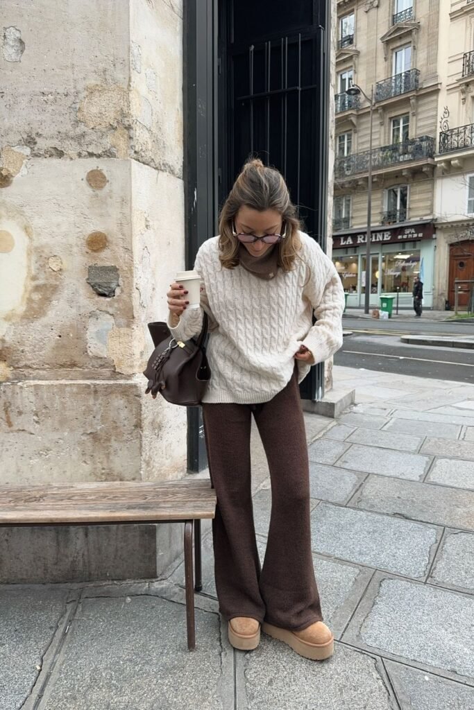 Chocolate Knit Flares With a Cream Cable Sweater