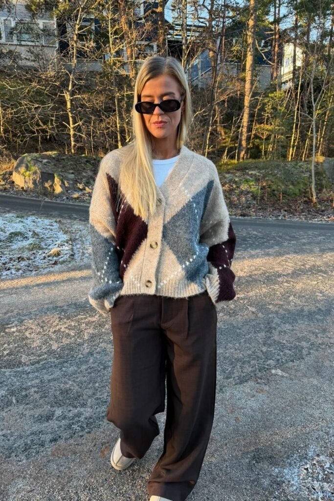 Chocolate Pleated Trousers and a Patterned Cardigan