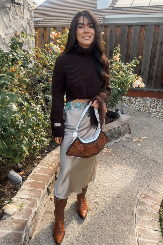 Chocolate Turtleneck With a Satin Midi and Tan Boots