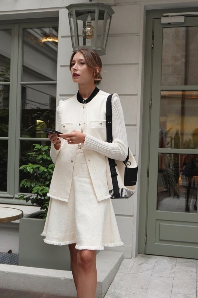 Cream Tweed Vest and Fringe-Hem Skirt